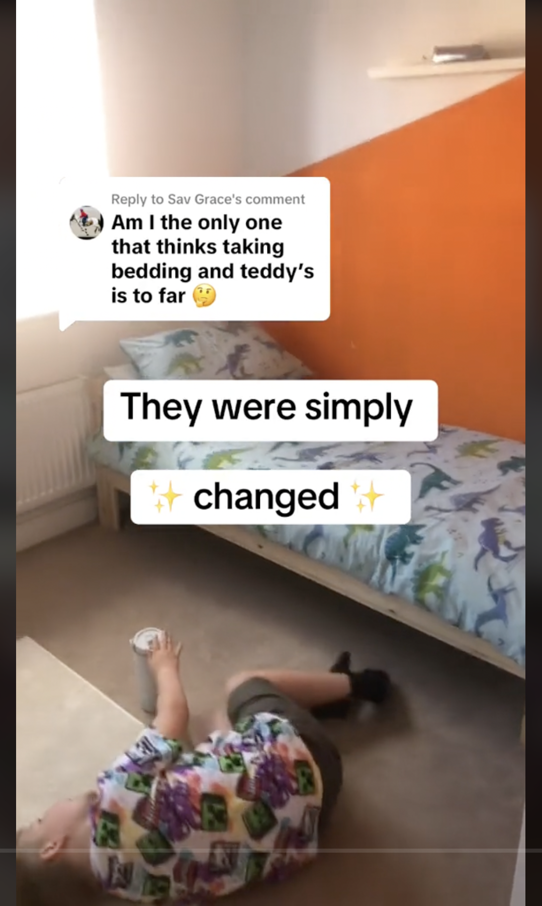 One of Katie Johnson's sons is pictured lying on the floor in his nearly empty room | Source: TikTok/katiejohnston07