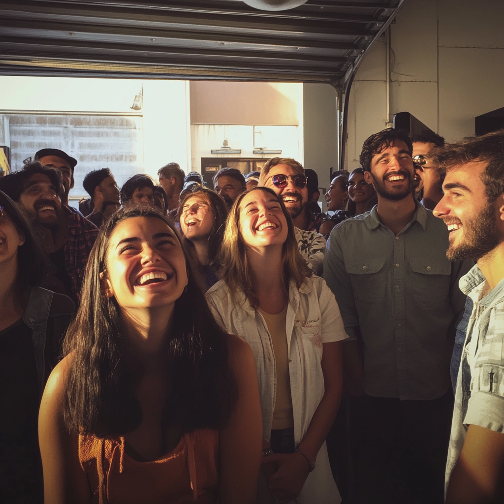 A group of people standing in a garage | Source: Midjourney