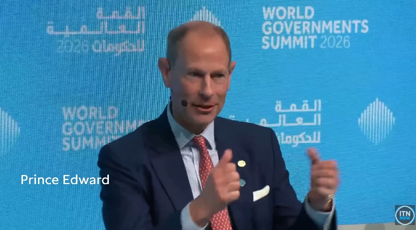 Prince Edward gestures while making a point on stage at the World Governments Summit in Dubai. | Source: YouTube/ITN Now