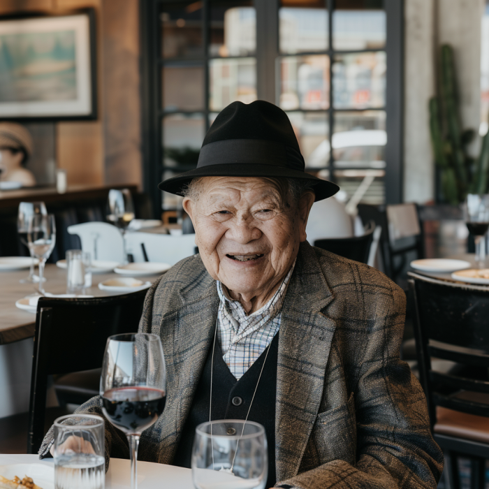 An elderly man smiling while sitting in a restaurant | Source: Midjourney