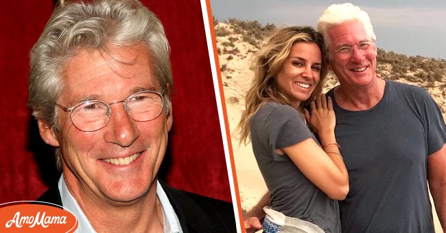 Richarad Gere at the premiere of "Nights in Rodanthe" on September 23, 2008, in New York City, and the actor and his wife Alejandra Silva in Mexico on July 31, 2017 | Photos: Stephen Lovekin/Getty Images & Instagram/alejandragere