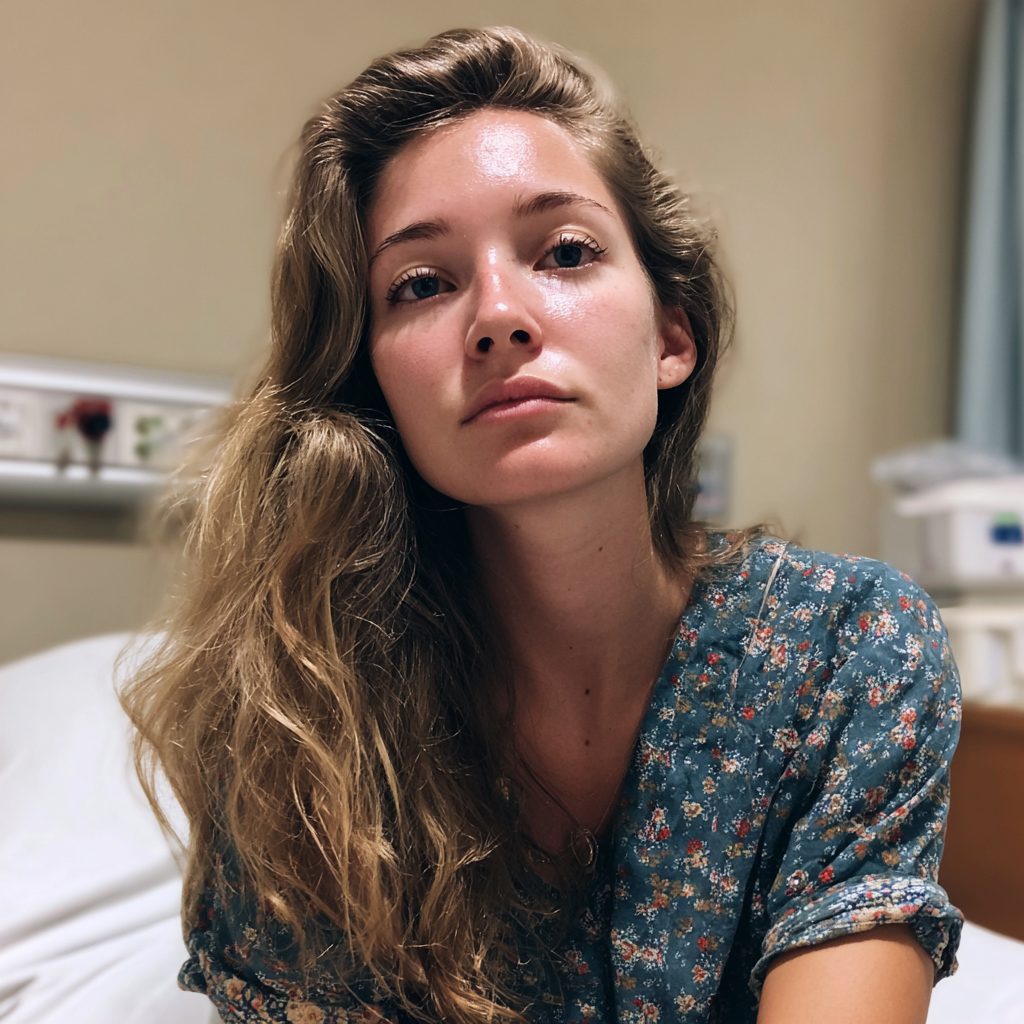 A close-up of a woman sitting on a hospital bed | Source: Midjourney