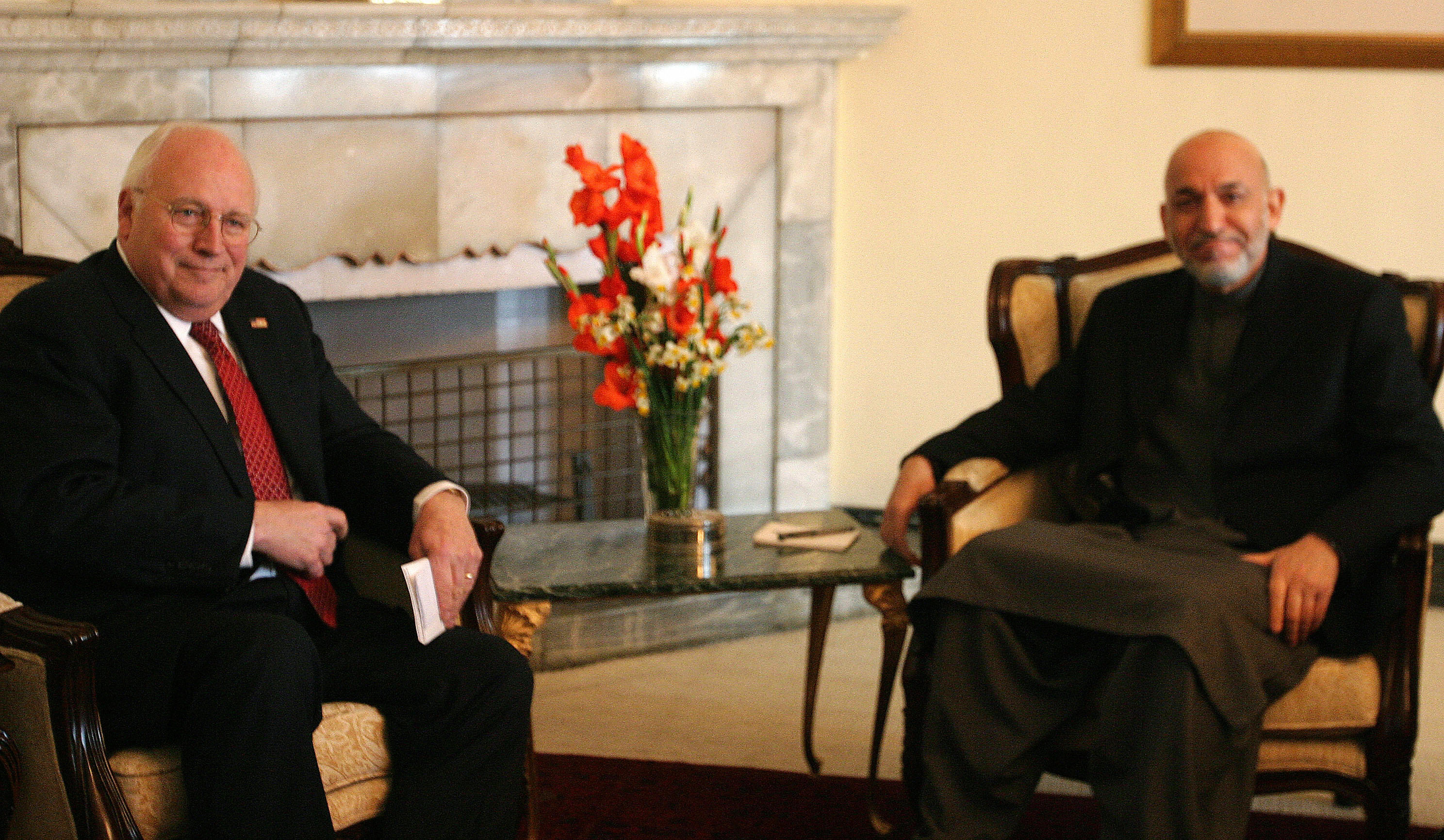 US Vice President Dick Cheney with Afghan President Hamid Karzai at the Presidential Palace in Kabul | Source: Getty Images