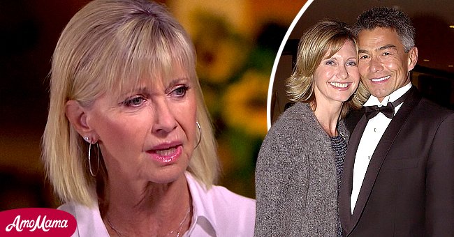 Olivia Newton-John in an interview and with her ex-boyfriend Patrick McDermott in February 2001 in Los Angeles, California | Photo: YouTube.com/CBSSundayMorning - Getty Images