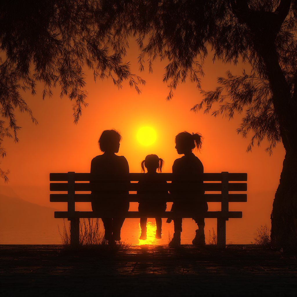 Silhouette of two women and a little girl watching the sunset from a bench | Source: Midjourney