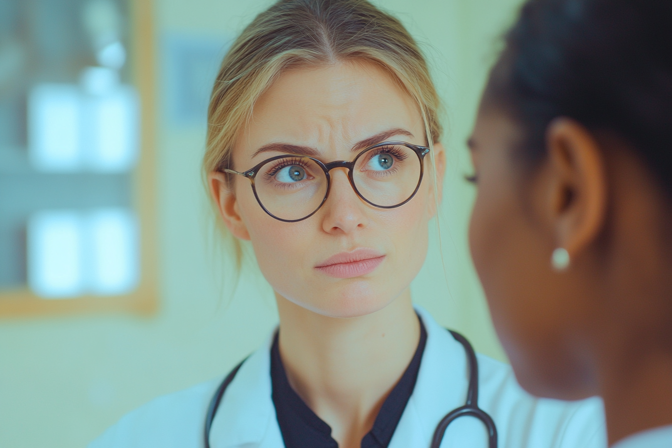 A doctor looking away while talking to a woman | Source: Midjourney