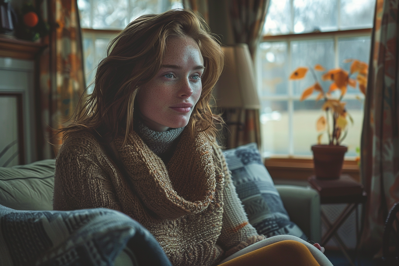 A woman sitting in her living room | Source: Midjourney