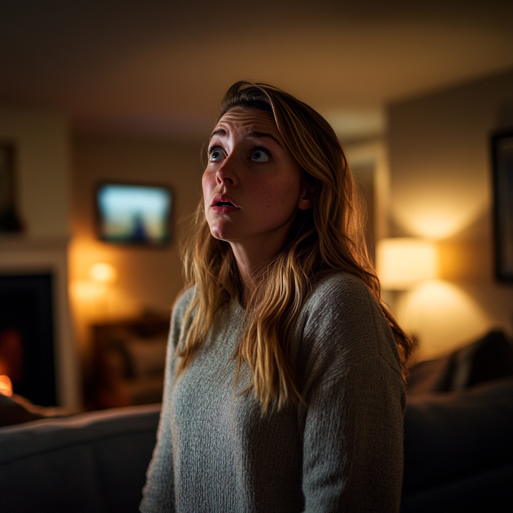 A woman looks scared and shocked while standing in her living room | Source: Midjourney