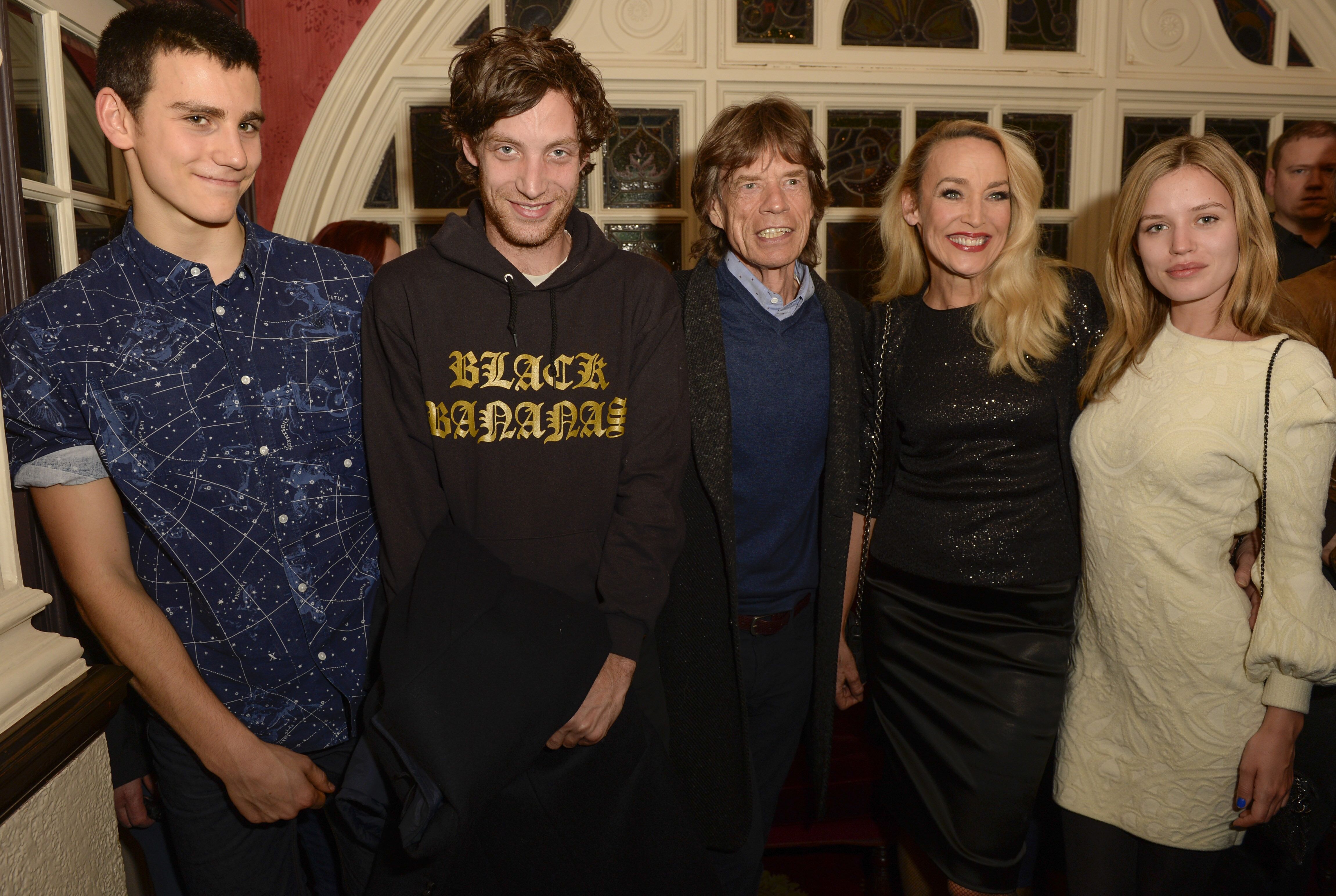 Gabriel Jagger, James Jagger, Sir Mick Jagger, Jerry Hall and Georgia May Jagger attend the press night performance of "Snow White And The Seven Dwarfs." | Source: Getty Images