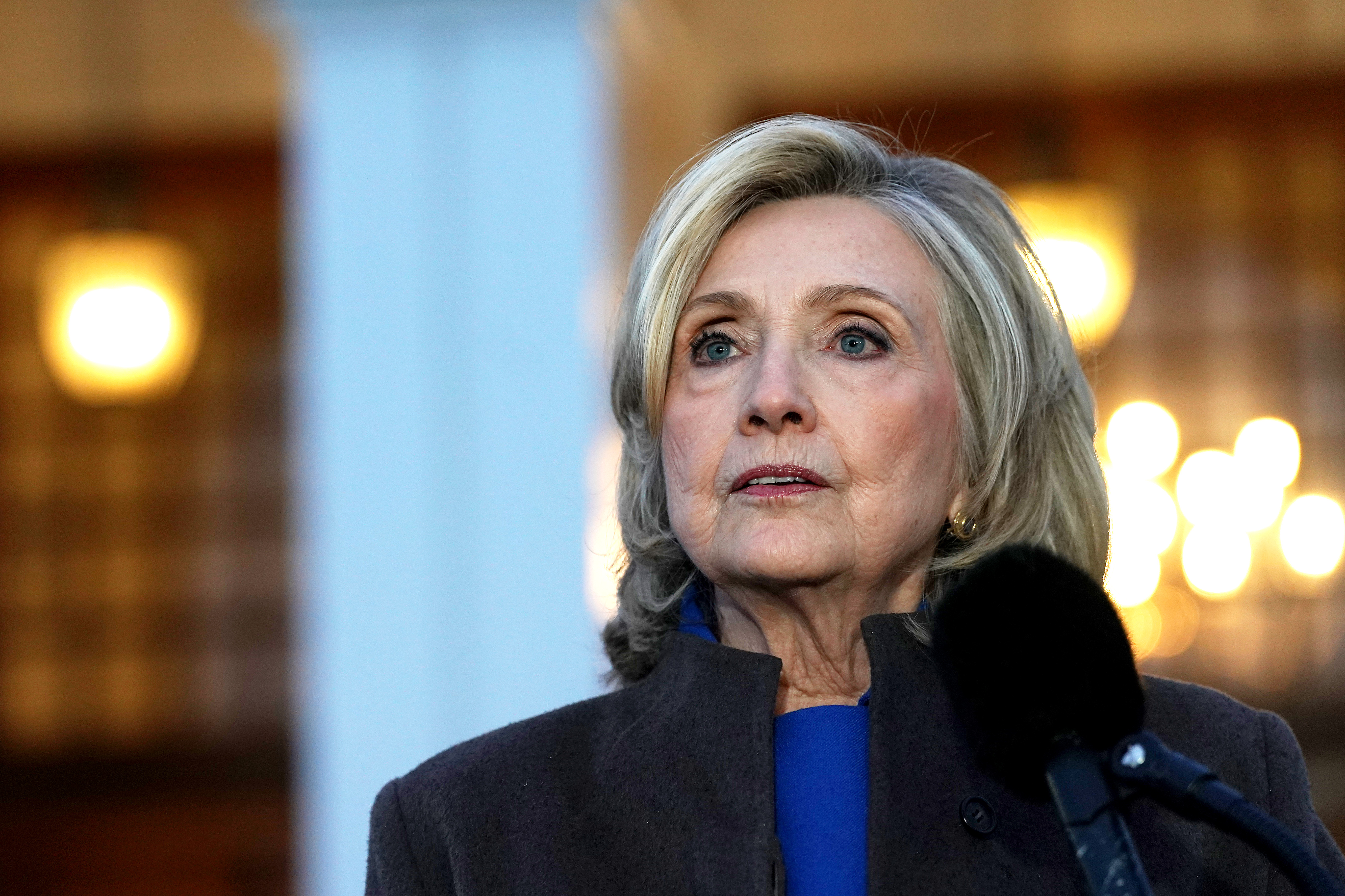 Hillary Clinton speaks to the press after testifying in a deposition with the House Oversight Committee at the Chappaqua Performing Arts Center on February 26, 2026 in New York | Source: Getty Images