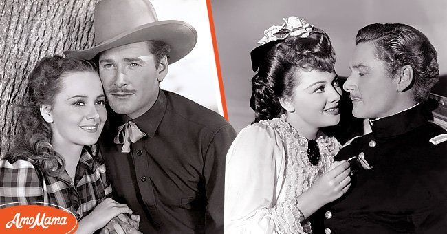 Olivia de Havilland and Errol Flynn in a publicity shot from the 1939 movie "Dodge City," and the two stars on the set of "They Died with Their Boots On," in 1941. | Source: Bettmann & Warner Bros. Pictures/Sunset Boulevard/Corbis/Getty Images
