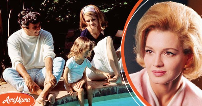 Burt Bacharach, wife Angie Dickinson, and daughter Lea Nikki, 2, on the grounds and around the swimming pool of their Hollywood home June 3, 1969. [left] Portrait of Angie Dickinson [right]  | Source: Getty Images
