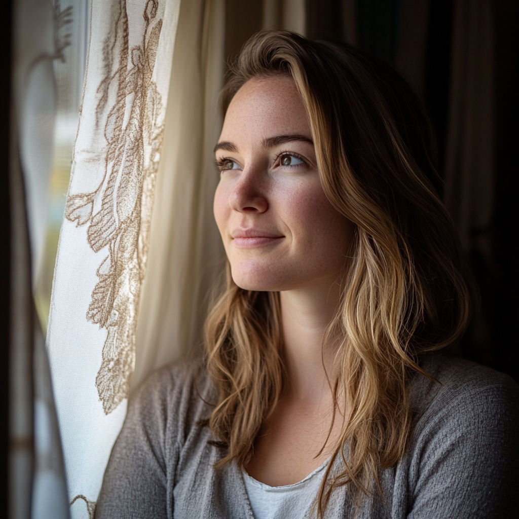 A woman smiles while looking out the window | Source: Midjourney