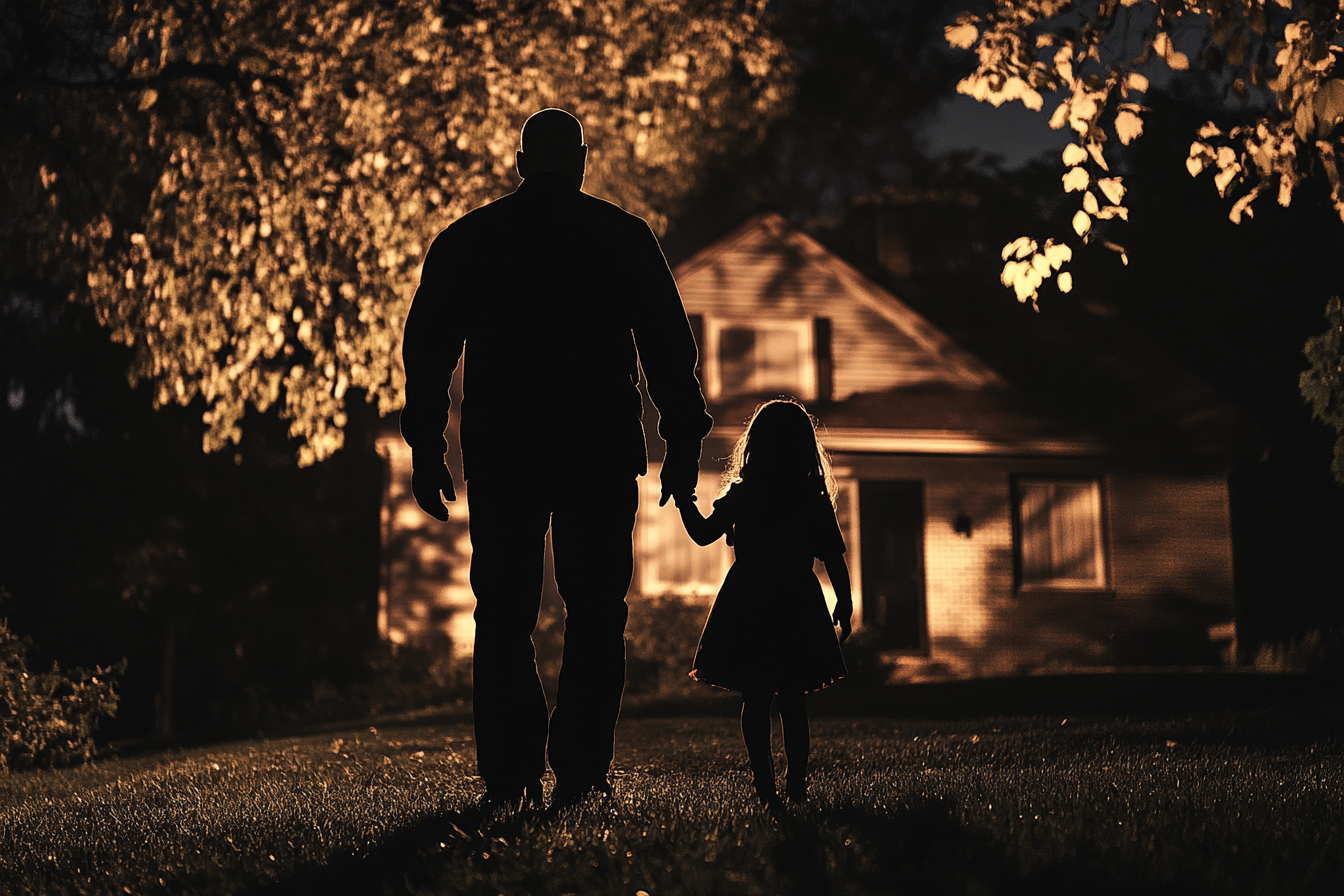 Silhouette of a man and a little girl approaching their house | Source: Midjourney