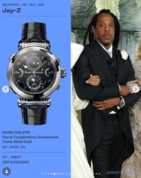 In an Instagram post dated May 5, 2026, Jay-Z is pictured wearing his Patek Philippe Grandmaster Chime while attending the Met Gala. An image alongside showcases the white gold timepiece, which has an estimated market value of $6 million. | Source: Instagram/wristcheck