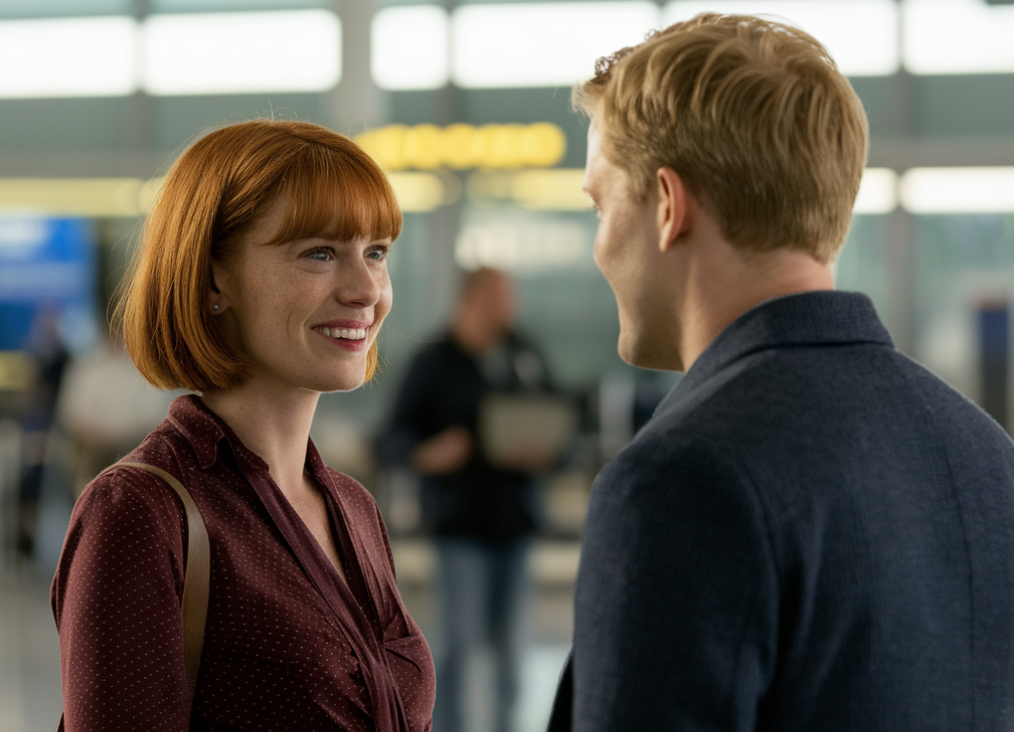 A woman and man encountering each other in an airport terminal | Source: Midjourney