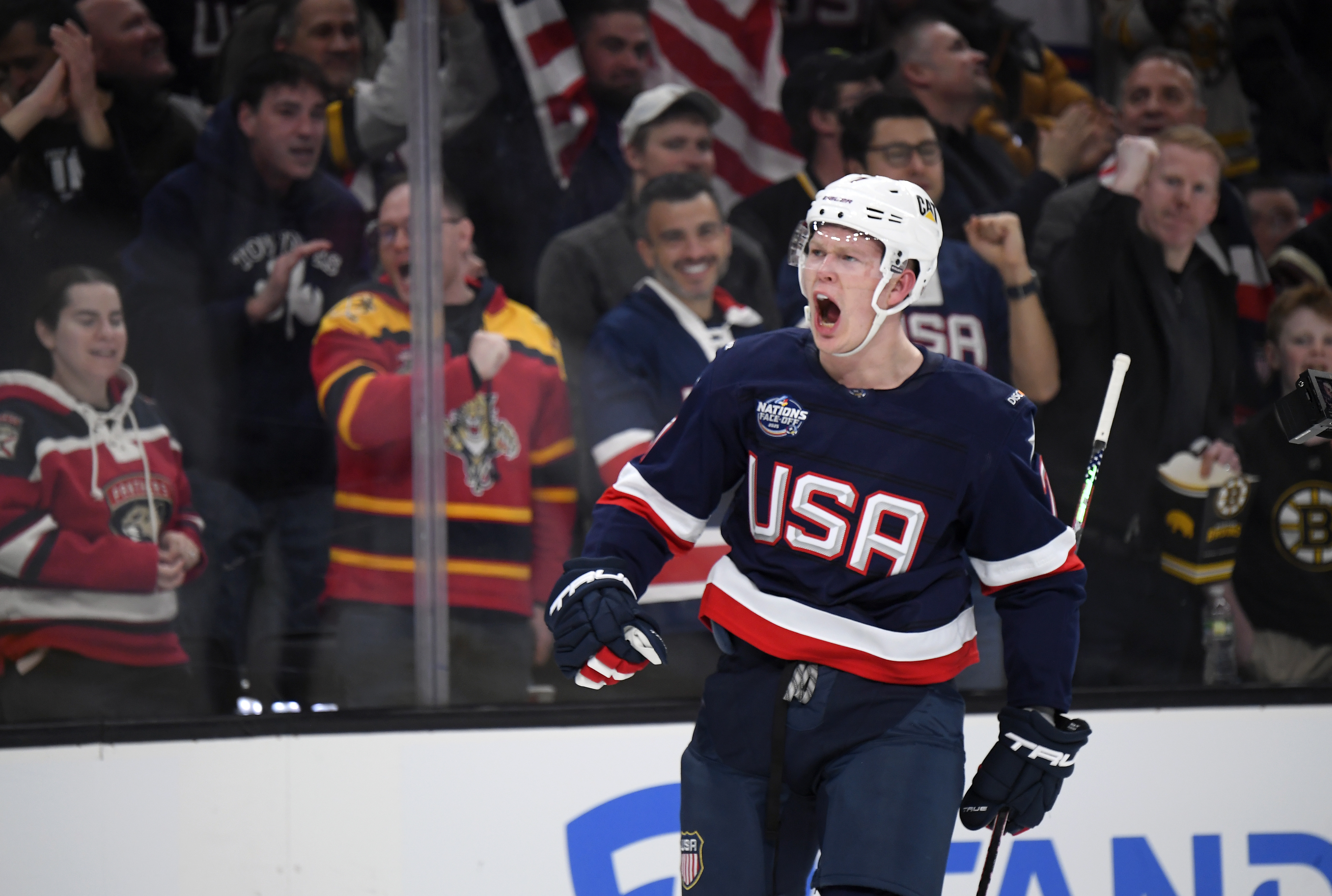 Brady Tkachuk reacts after scoring in the 4 Nations Face-Off final against Team Canada | Source: Getty Images