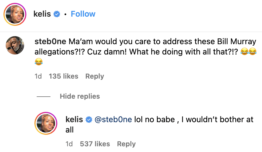 Kelis replied to a netizen's comment on her Instagram post. | Source: Instagram.com/kelis