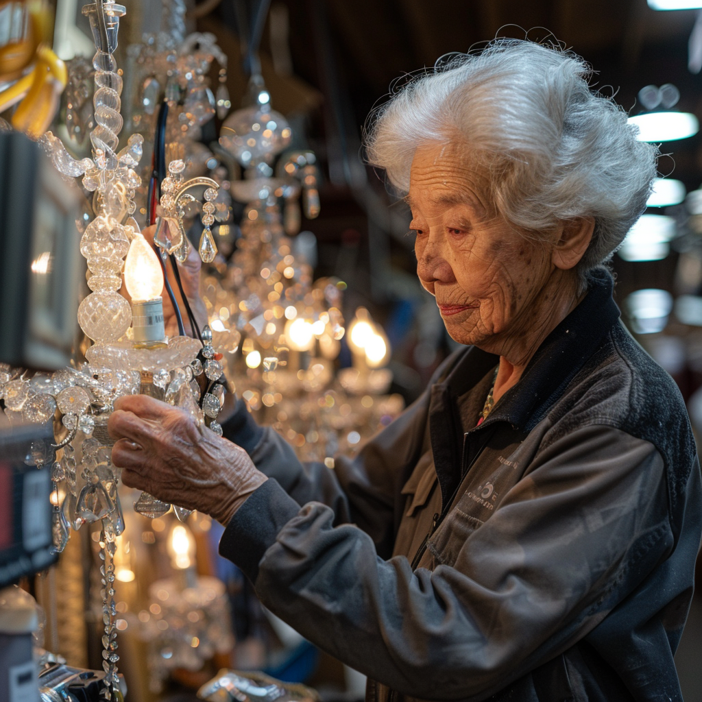 Alex's mother examining the chandelier | Source: Midjourney