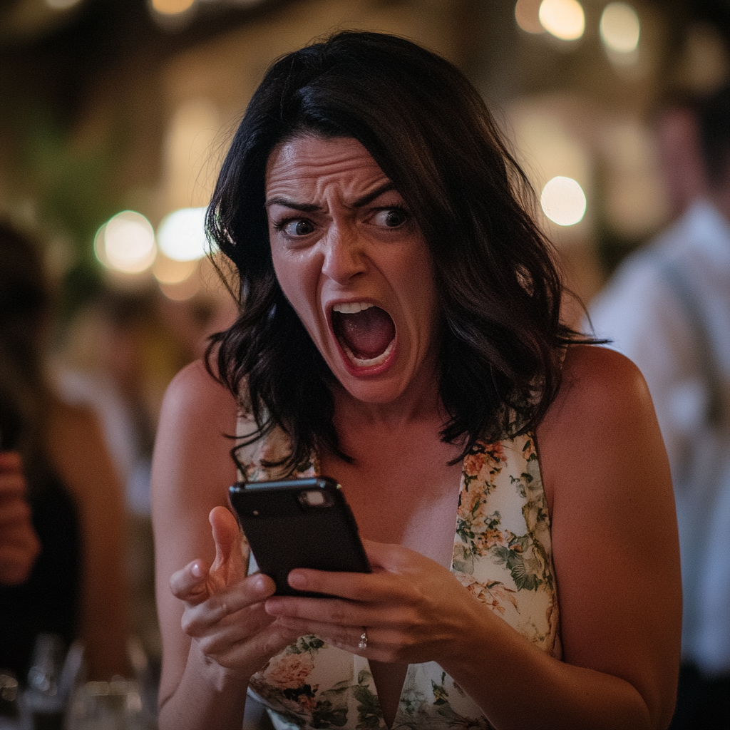 A woman screaming into her phone | Source: Midjourney