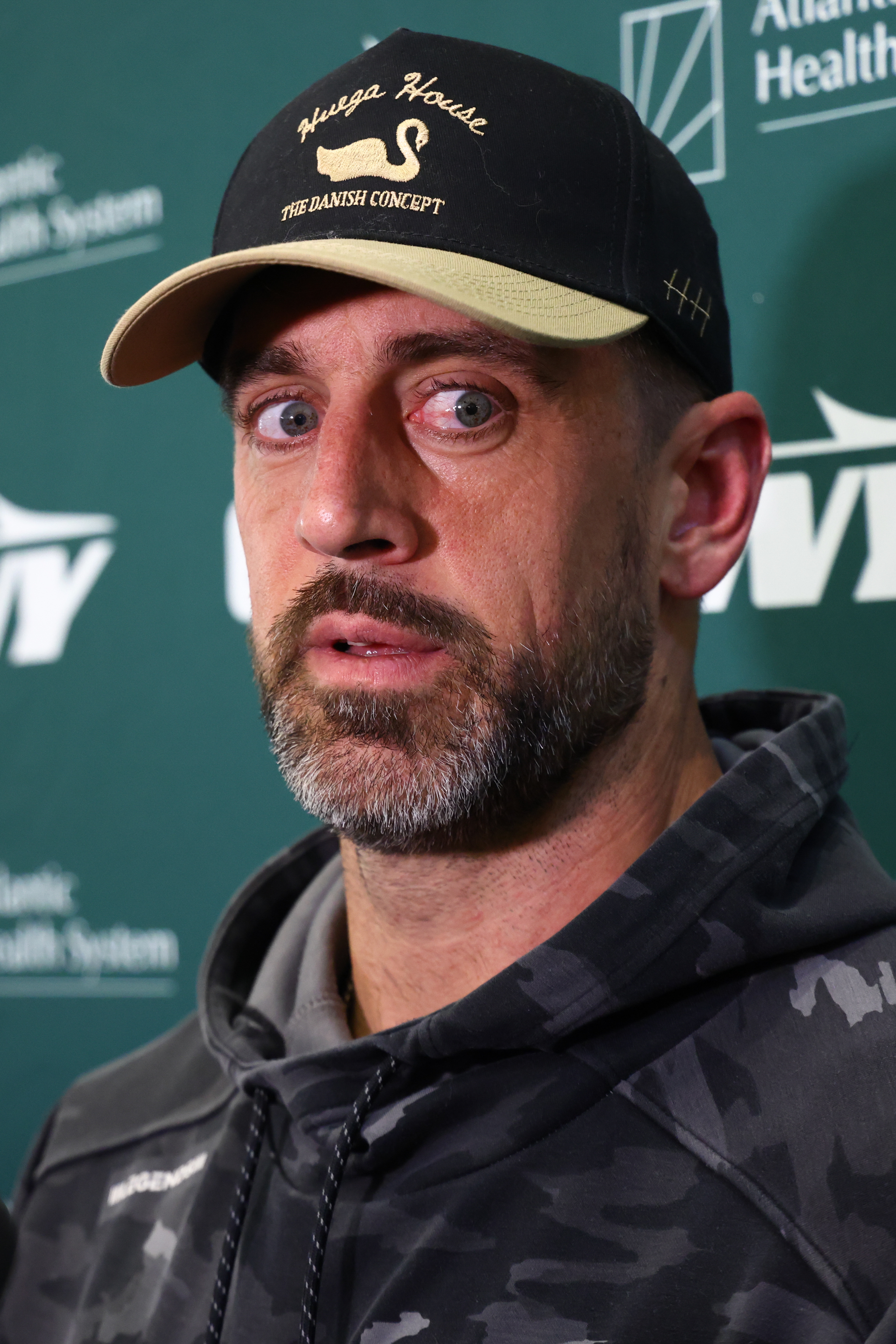 Aaron Rodgers during an interview with the media on October 16, 2024, in Florham Park, New Jersey. | Source: Getty Images