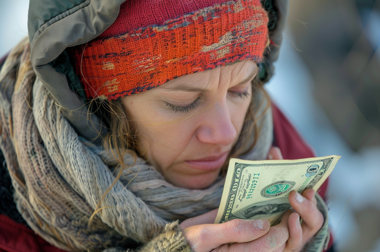 A homeless woman staring at her one hundred dollar bill | Source: MidJourney