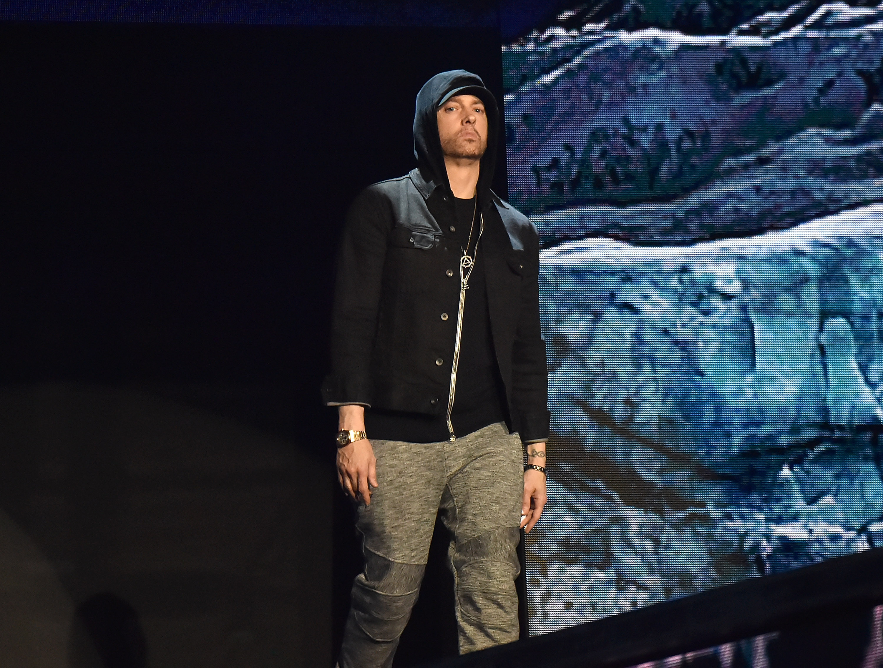 Eminem performs on stage during the MTV EMAs 2017 held at The SSE Arena, Wembley on November 12, 2017, in London, England. | Source: Getty Images