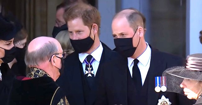 Prince Harry and Prince William pictured together outside of St. George's Chapel in April 2021, London, England. | Photo: Youtube.com/The Royal Family Channel