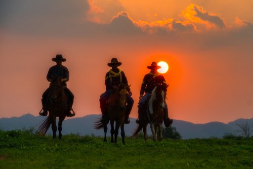 Three cowboys riding with the sunset behind them. | Source: Shutterstock