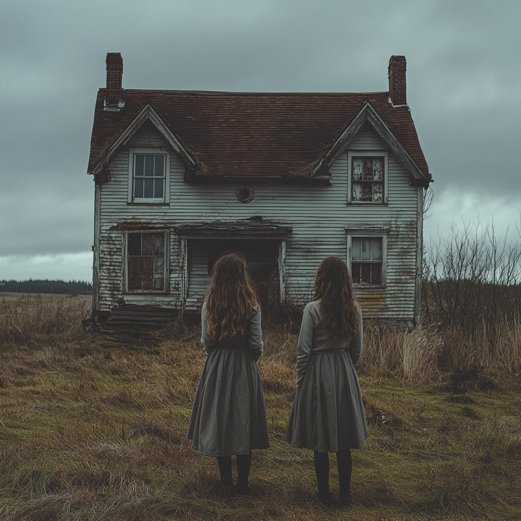 Two sisters standing in front of the house | Source: Midjourney