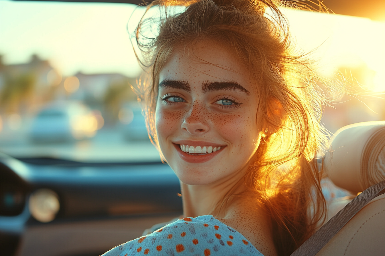 A young woman in a car, smiling | Source: Midjourney