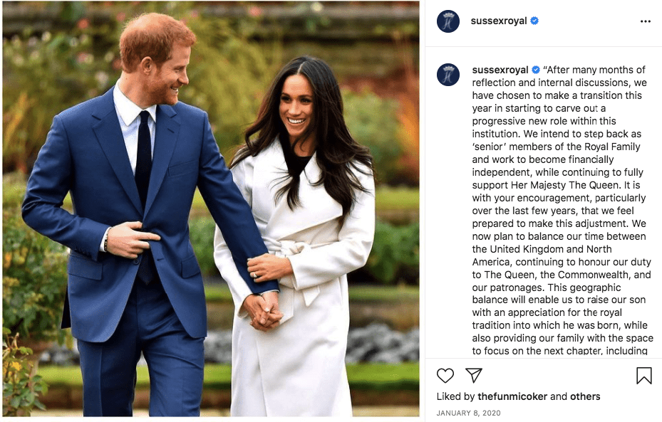 A screenshot of Meghan Markle and Prince Harry on their Instagram page | Photo: instagram.com/sussexroyal