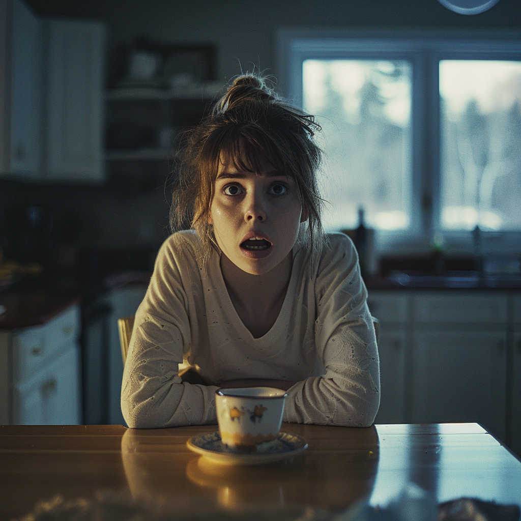 A stunned woman sitting at the kitchen table | Source: Midjourney