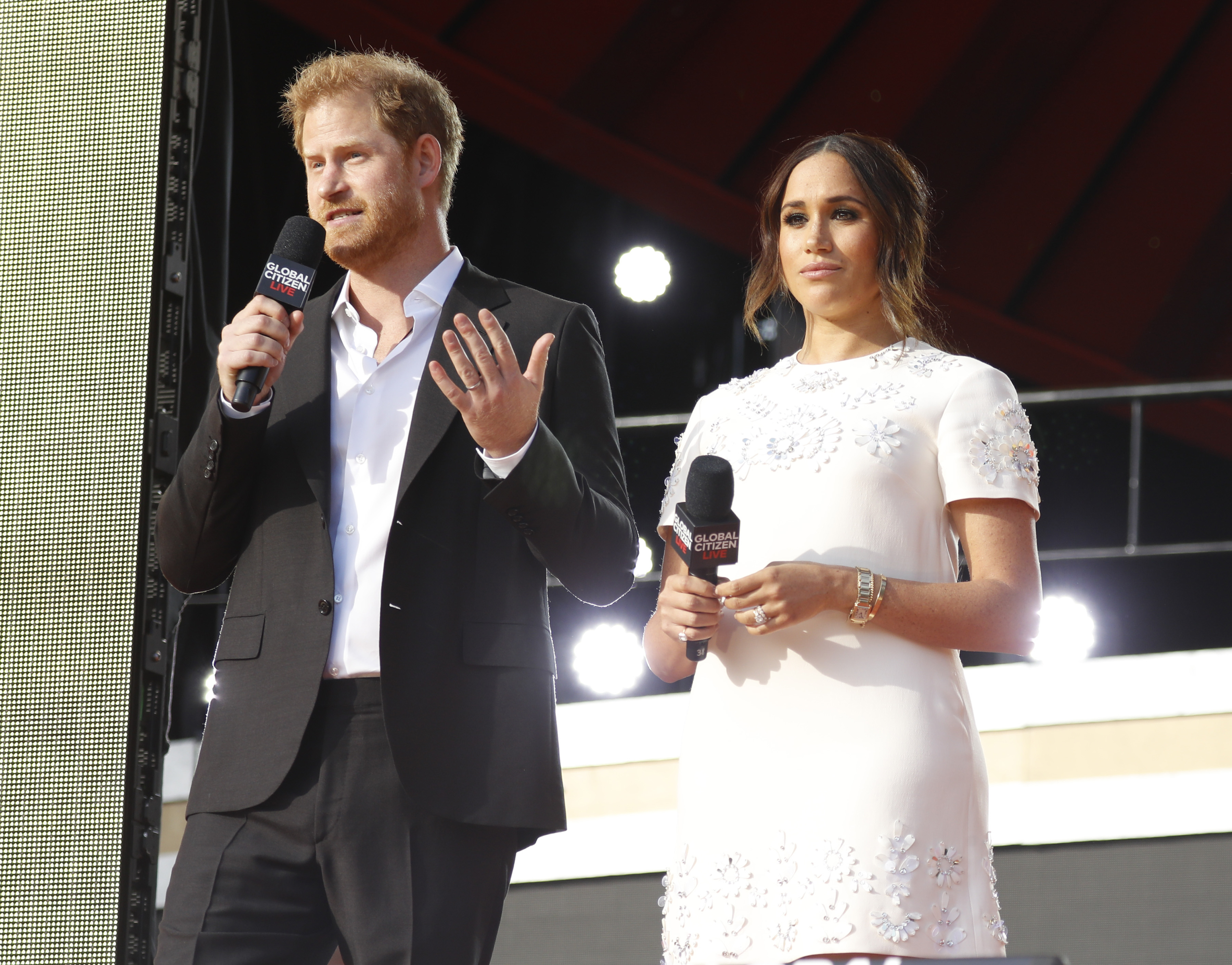 Prince Harry and Meghan Markle speaking at Global Citizen Live in New York City on September 25, 2021 | Source: Getty Images
