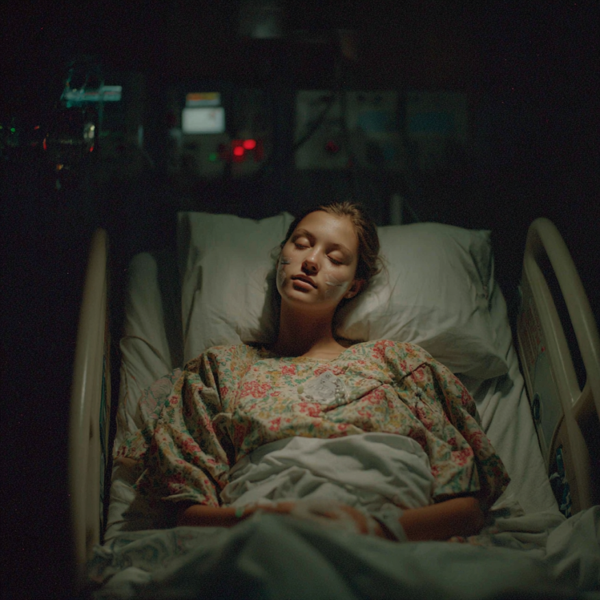 A young woman in a hospital bed | Source: Midjourney