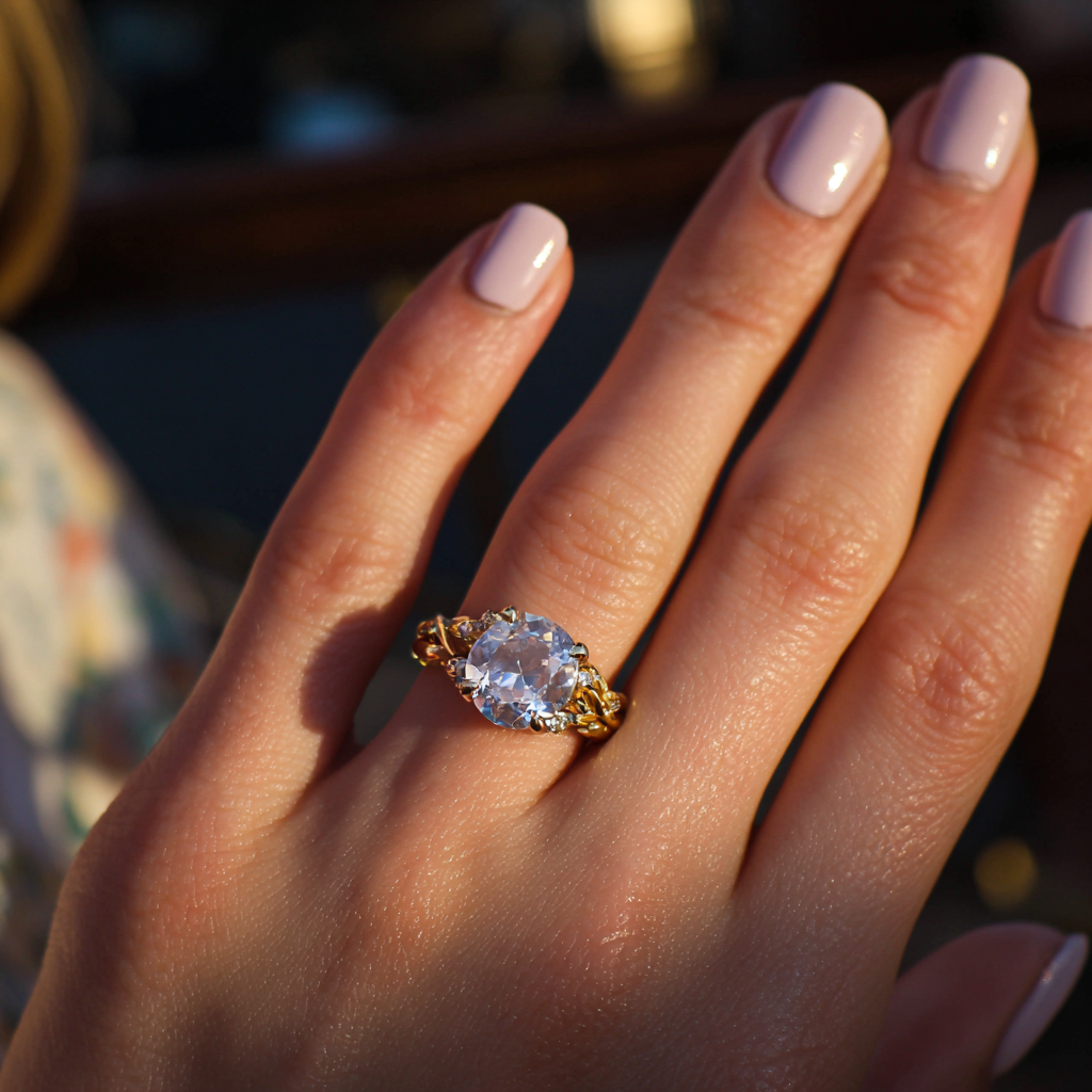A woman showing off her engagement ring | Source: Midjourney