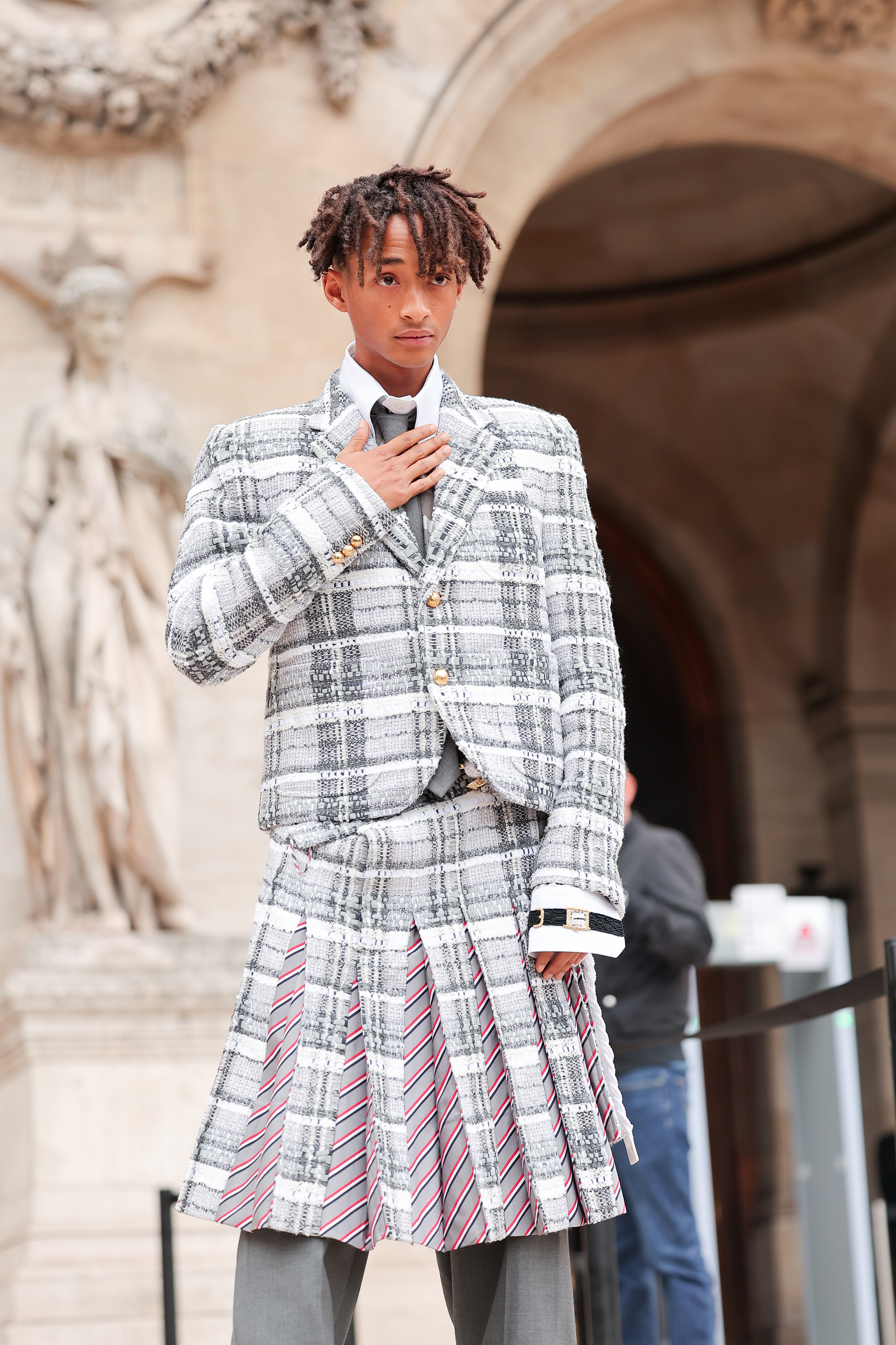 Jaden Smith at the Thom Browne Womenswear Spring/Summer 2023 show during Paris Fashion Week on October 3, 2022, in Paris, France. | Source: Getty Images