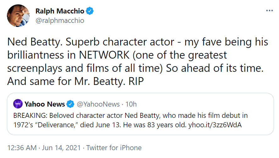 Ralph Macchio mourns the death of Ned Beatty on June 14, 2021 | Photo: Twitter/@ralphmacchio