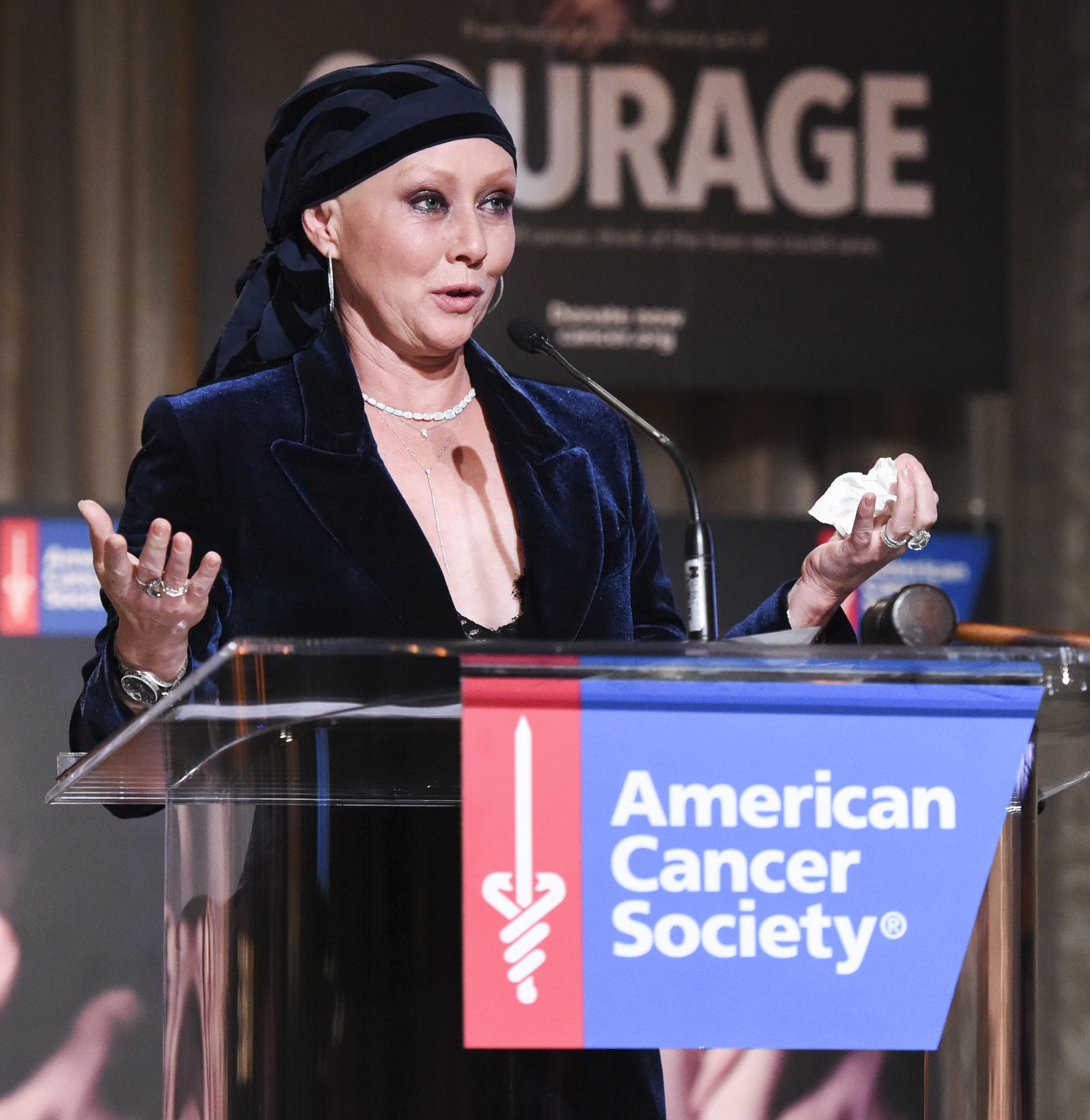 Actress Shannen Doherty speaks on stage at American Cancer Society's Giants of Science Los Angeles Gala on November 5, 2016 in Los Angeles, California | Source: Getty Images