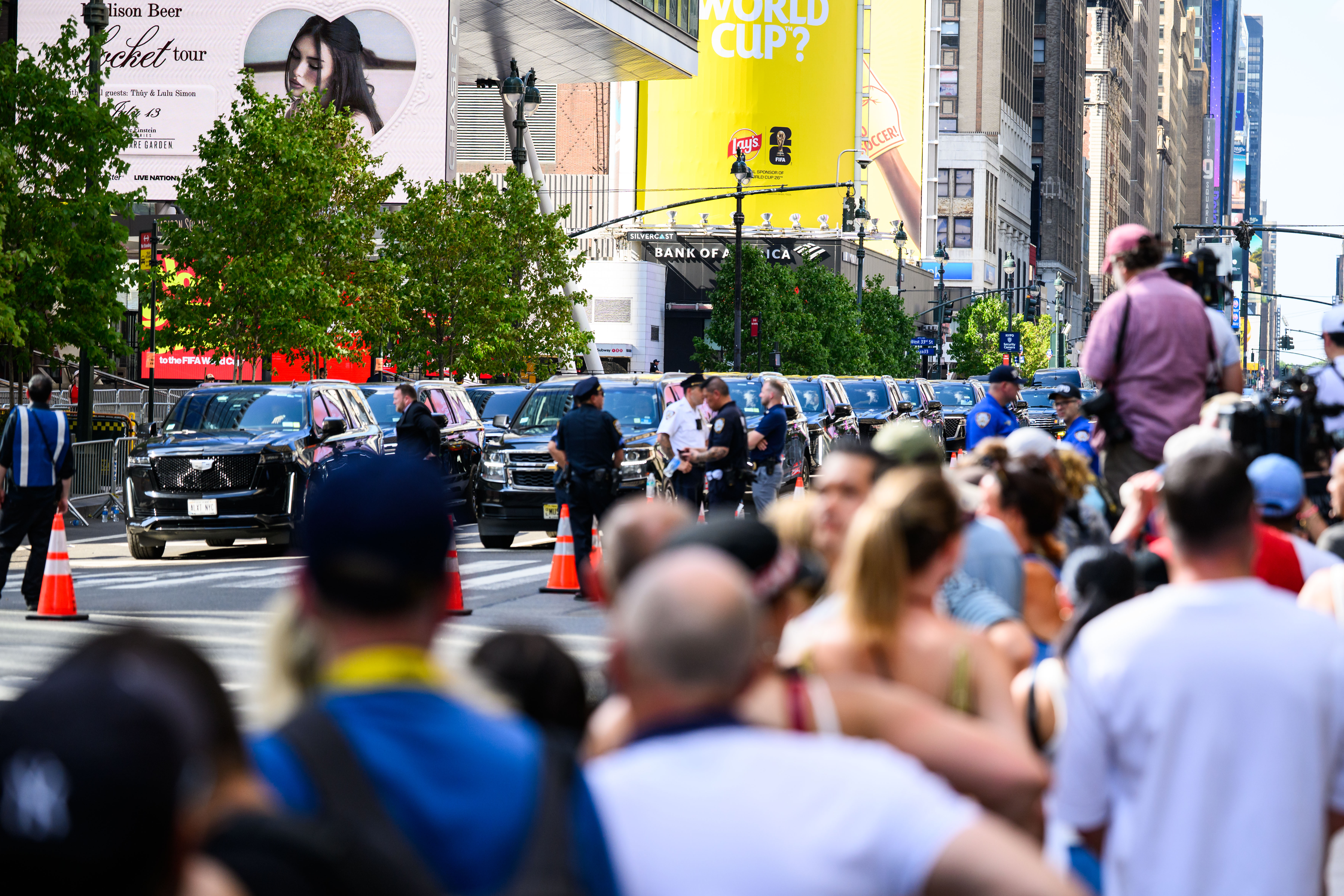 Vehicles arrive at Madison Square Garden as guests gather for Taylor Swift and Travis Kelce's wedding celebration in New York City on July 3, 2026. The event drew a star-studded guest list and featured tight security measures. | Source: Getty Images