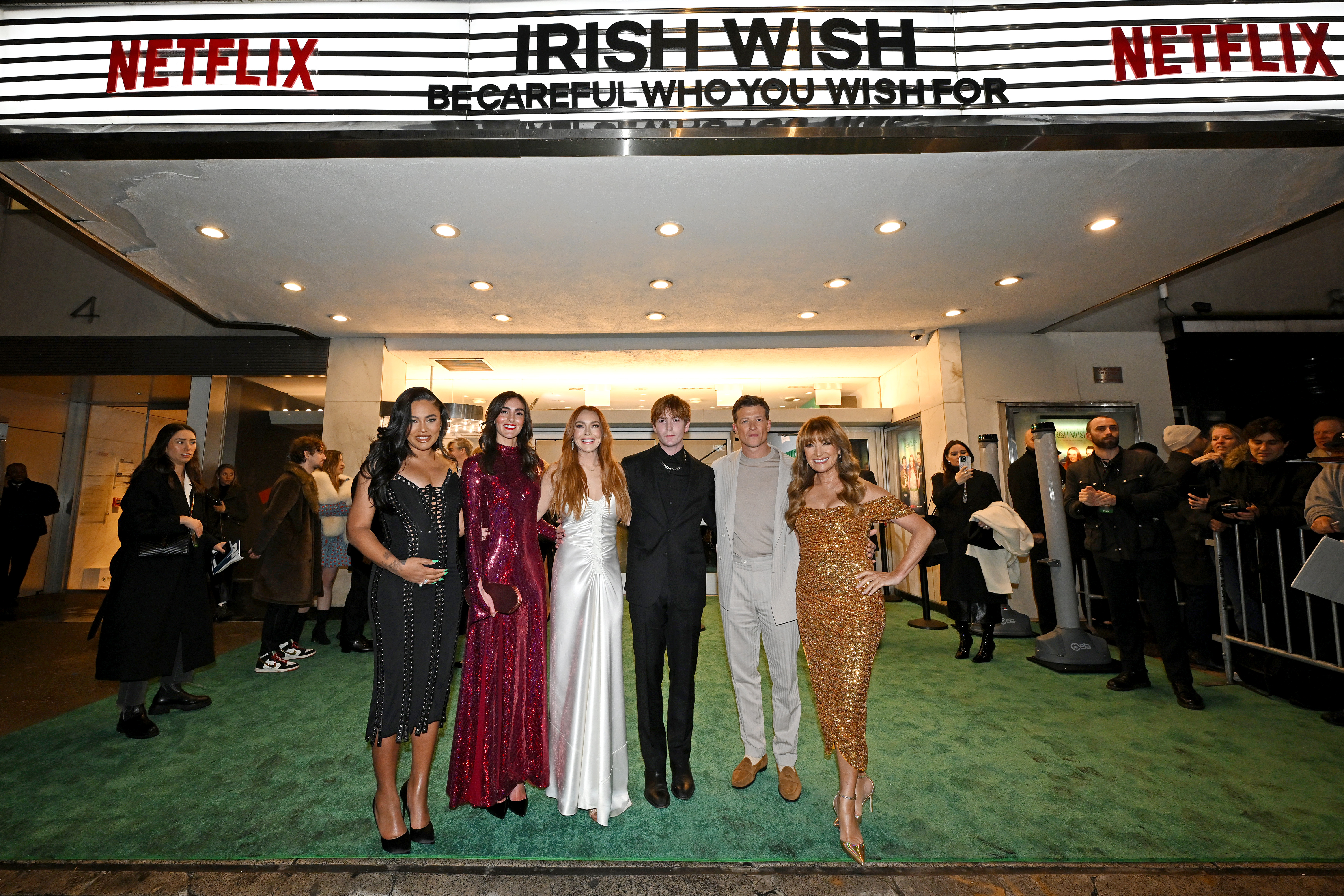 Ayesha Curry, Aliana Lohan, Lindsay Lohan, Dakota Lohan, Ed Speleers, and Jane Seymour during the Irish Wish New York Premiere at Paris Theater on March 5, 2024, in New York City. | Source: Getty Images