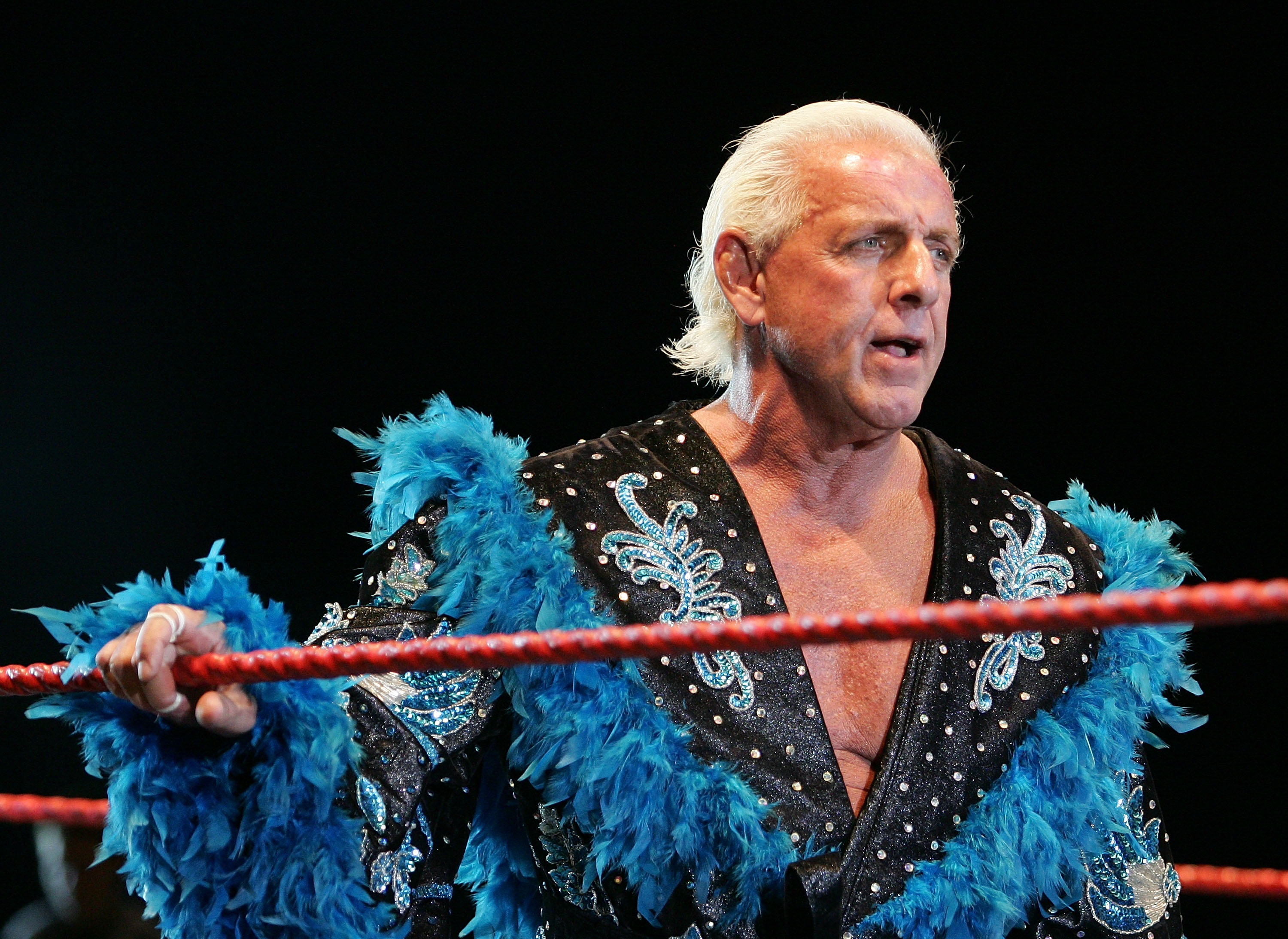 Ric Flair looks on while awaiting the entrance of Hulk Hogan during the Hulkamania Tour at the Burswood Dome on November 24, 2009 in Perth, Australia. | Source: Getty Images
