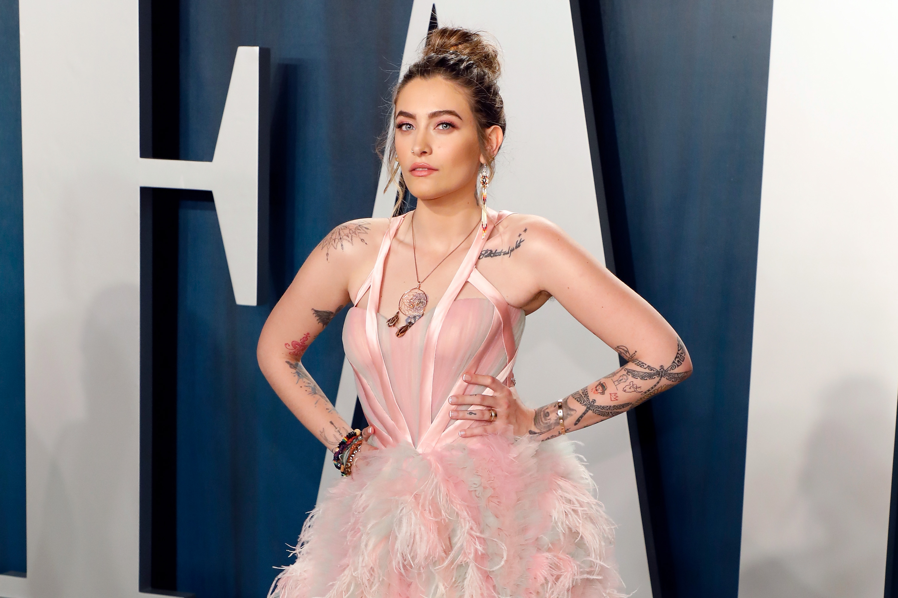 Paris Jackson attends the Vanity Fair Oscar Party at the Wallis Annenberg Center for the Performing Arts in Beverly Hills on February 9, 2020. Dressed in a flowing gown and radiant on the red carpet, she blended Hollywood glamour with her signature edge at one of the industry's most celebrated events.