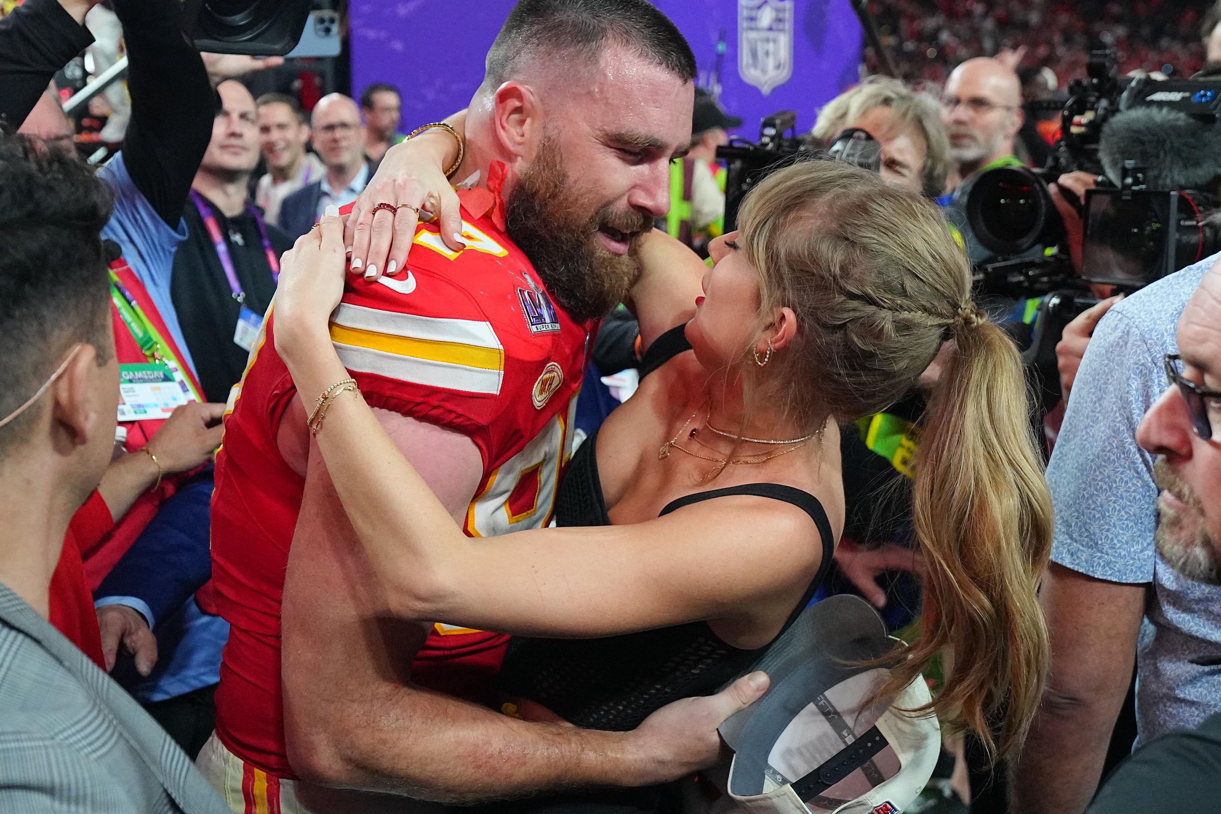 Travis Kelce and Taylor Swift celebrating at Super Bowl LVIII in Las Vegas, Nevada on February 11, 2024 | Source: Getty Images
