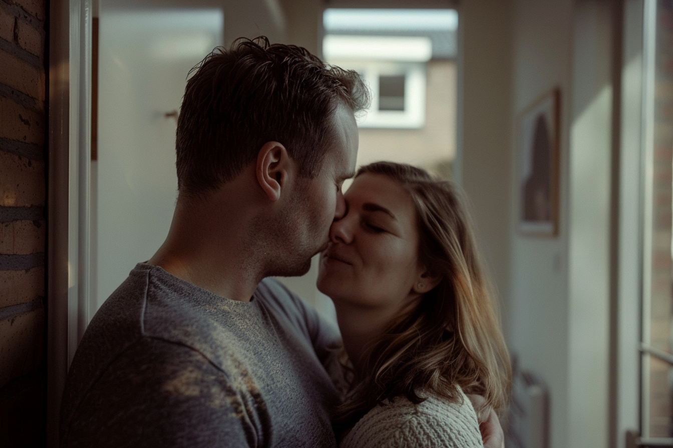 A man kissing his wife goodbye | Source: Midjourney