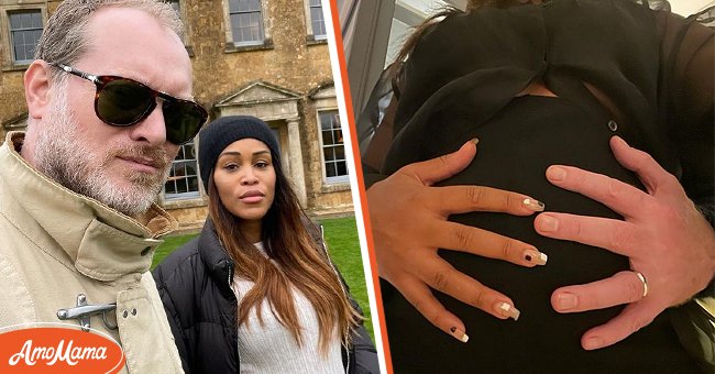 Eve and Maximillion Cooper snap a selfie while enjoying the English Countryside [Left] A close up of Eve's growing baby bump [Right] | Photo:  Instagram/therealeve & Instagram/mrgumball3000
