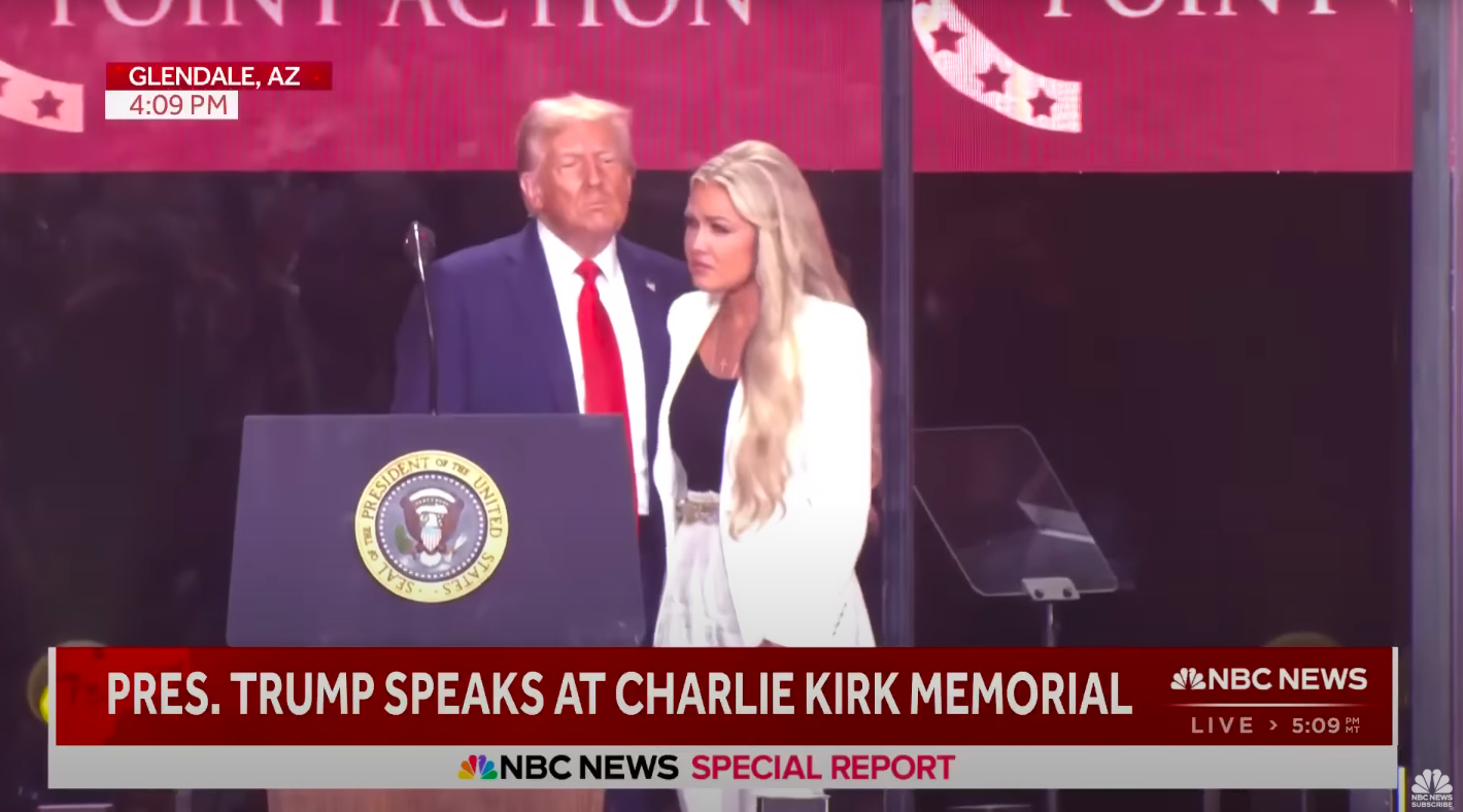 U.S. President Donald Trump and Erika Kirk sharing a moment onstage at Charlie Kirk's memorial service in Arizona, posted on September 22, 2025. | Source: YouTube/NBC News