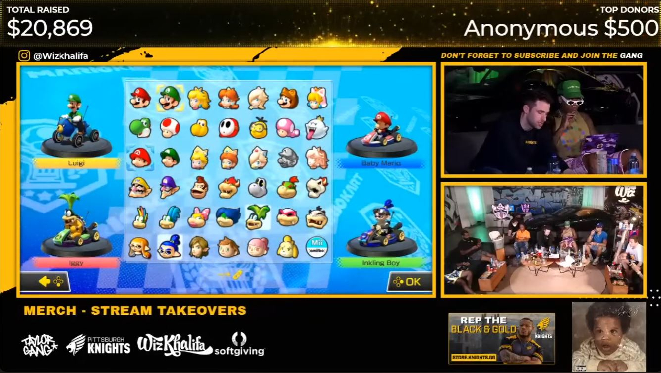 Wiz Khalifa and his guests switch gears with a round of "Mario Kart 8 Deluxe" during the charity livestream. | Source: YouTube/Wiz Khalifa