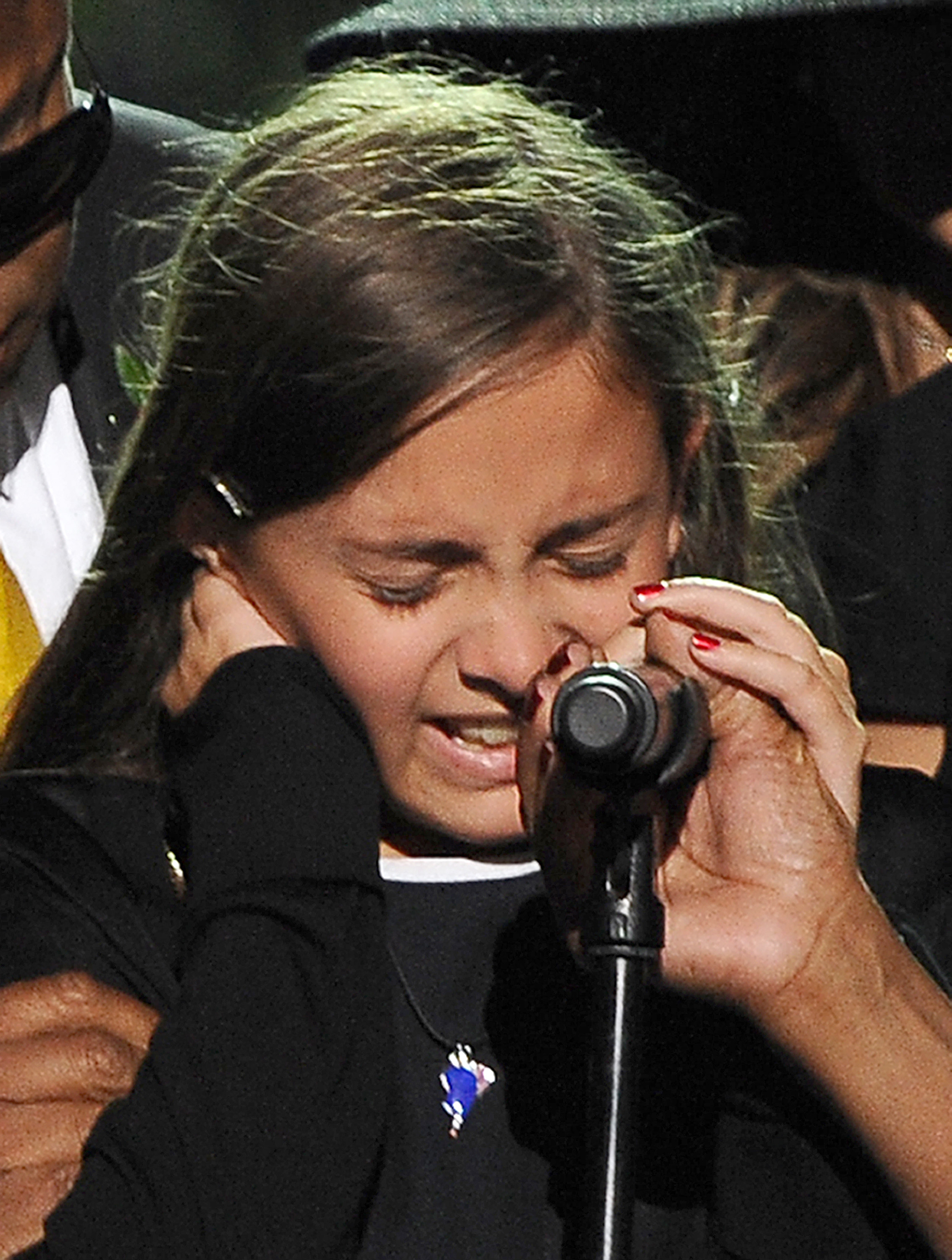 Paris Michael Katherine Jackson becomes emotional as she speaks during the Michael Jackson public memorial service at Staples Center on July 7, 2009, in Los Angeles, California | Source: Getty Images