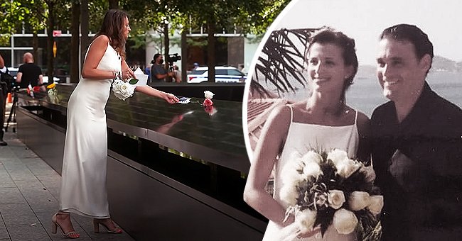 A woman wears her wedding dress and places a flower on her husband's 9/11 memorial along with an image of them on their wedding day | Photo: Facebook/InMemoriamSept11 & Youtube/CBS Evening News 